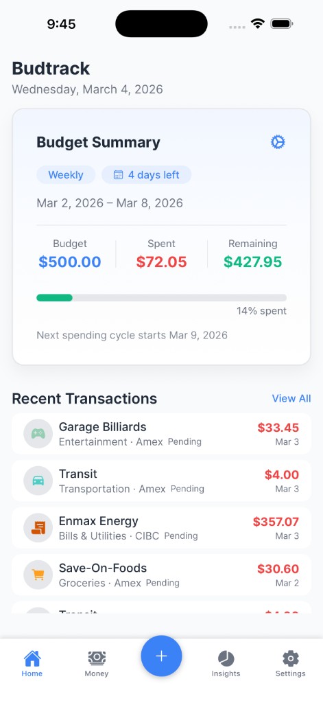 Budtrack home screen showing budget summary and recent transactions